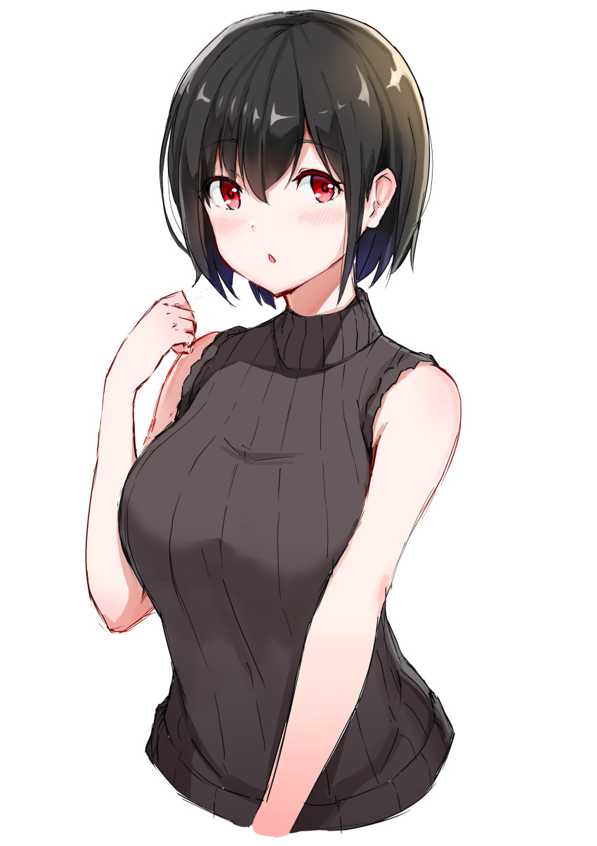 1girl :o absurdres bangs bare_arms bare_shoulders black_dress black_hair breasts colored_eyelashes copyright_request dress eyebrows_visible_through_hair hand_up highres maeshimashi medium_breasts open_mouth red_eyes shiny shiny_hair short_hair simple_background sketch sleeveless sleeveless_dress solo sweater sweater_dress tareme upper_body white_background