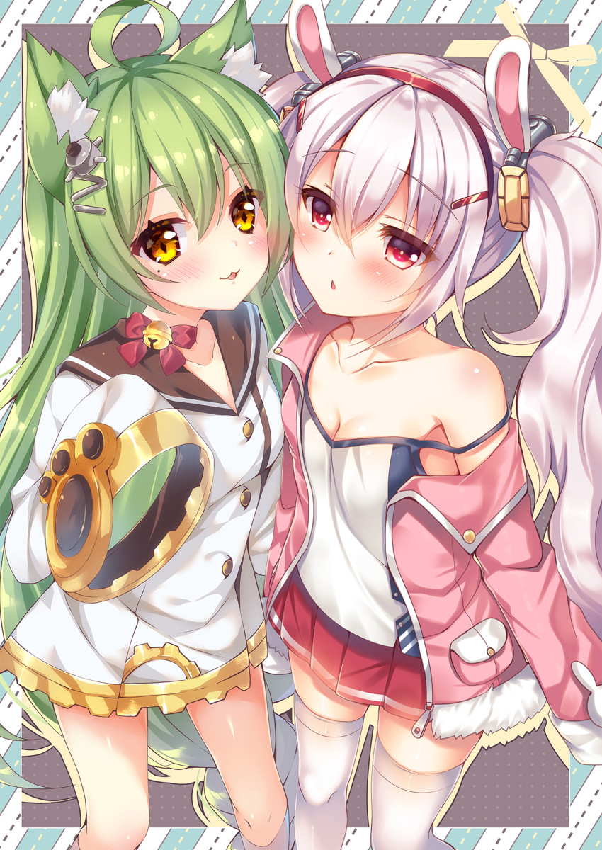 2girls :3 ahoge akashi_(azur_lane) animal_ears azur_lane bangs bare_shoulders bell black_sailor_collar blush bow breasts camisole cat_ears cleavage collarbone commentary_request dress eyebrows_visible_through_hair green_hair hair_between_eyes hair_ornament hairband highres jacket jingle_bell kneehighs laffey_(azur_lane) long_hair long_sleeves looking_at_viewer multiple_girls off_shoulder open_clothes open_jacket parted_lips pink_jacket pleated_skirt rabbit_ears red_bow red_eyes red_hairband red_skirt sailor_collar sailor_dress silver_hair skirt sleeves_past_fingers sleeves_past_wrists small_breasts strap_slip suzune_rena thigh-highs twintails very_long_hair white_camisole white_dress white_legwear wide_sleeves yellow_eyes