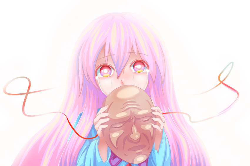 1girl commentary_request eyebrows_visible_through_hair hair_between_eyes hata_no_kokoro highres jellyring long_hair long_sleeves looking_at_viewer mask pink_hair red_eyes red_string simple_background solo string tears touhou upper_body white_background wide-eyed