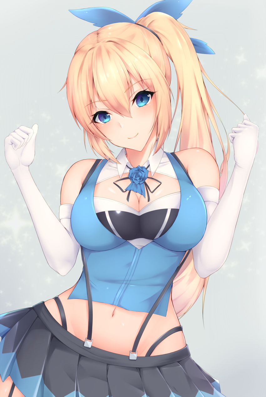 1girl bangs bare_shoulders blonde_hair blue_eyes blush breasts cleavage cleavage_cutout contrapposto cowboy_shot elbow_gloves eyebrows_visible_through_hair flower gloves hair_ribbon head_tilt highres large_breasts long_hair looking_at_viewer midriff mirai_akari mirai_akari_project navel pleated_skirt ranju_aira ribbon rose side_ponytail sidelocks simple_background skirt smile solo suspender_skirt suspenders virtual_youtuber w_arms white_gloves