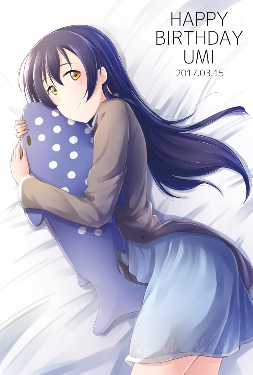 1girl bangs bed bed_sheet birthday blue_hair blush character_name commentary_request cowboy_shot dated eyebrows_visible_through_hair happy_birthday highres holding long_hair long_sleeves looking_at_viewer love_live! love_live!_school_idol_festival love_live!_school_idol_project lying morugen on_side pajamas smile solo sonoda_umi stuffed_animal stuffed_toy whale_shark yellow_eyes
