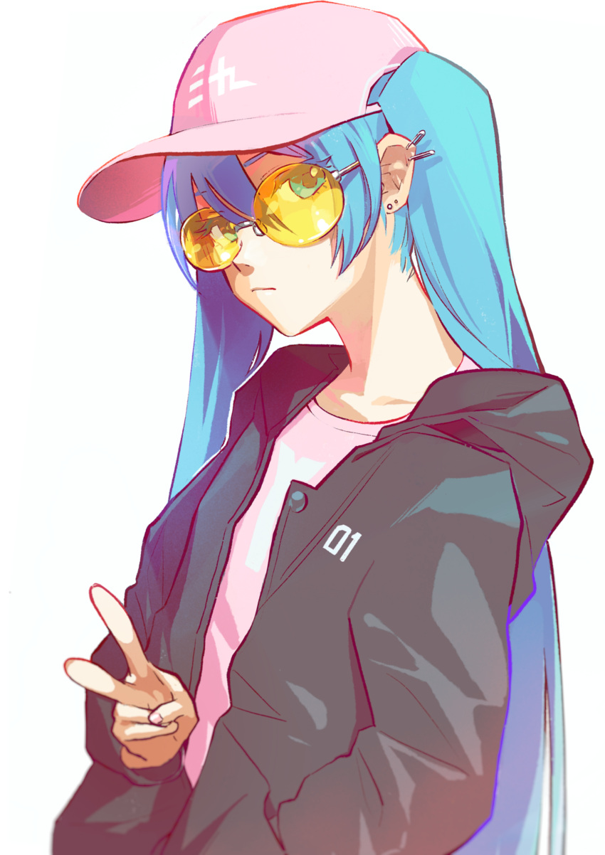 1girl absurdres alternate_costume baseball_cap blue_eyes blue_hair closed_mouth collarbone ear_piercing eyebrows_visible_through_hair hand_in_pocket hat hatsune_miku highres hood hood_down hooded_jacket jacket long_hair long_sleeves looking_at_viewer open_clothes open_jacket piercing pine_(yellowpine112) pink_hat simple_background solo sunglasses twintails v very_long_hair vocaloid white_background yellow-tinted_glasses