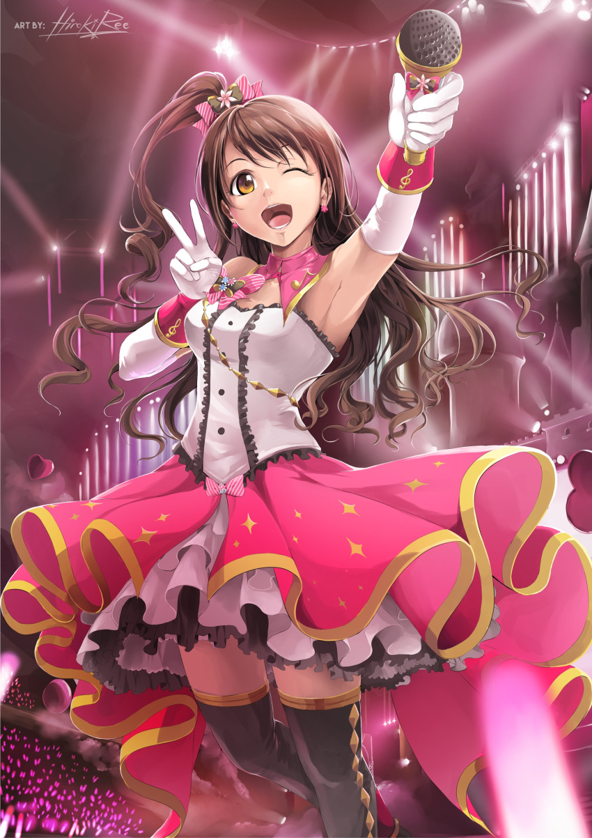 1girl ;d absurdres armpits black_legwear bow brown_eyes brown_hair choker earrings elbow_gloves floating_hair gloves hair_bow high_ponytail highres hiroki_ree holding holding_microphone idol idolmaster idolmaster_cinderella_girls jewelry layered_skirt long_hair microphone one_eye_closed open_mouth outstretched_arm pink_bow shimamura_uzuki side_ponytail signature smile solo spotlight stage stage_of_magic standing striped striped_bow thigh-highs v very_long_hair white_gloves