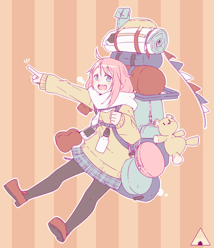 1girl :d axe backpack bag black_legwear blue_eyes character_request flat_color full_body hetareeji highres open_mouth outline pink_hair plaid plaid_skirt pointing scarf shoes simple_background skirt smile solo striped stuffed_animal stuffed_toy teddy_bear vertical-striped_background vertical_stripes white_outline yurucamp
