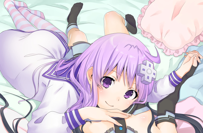 2girls absurdres bed black_hair bomhat breasts commentary d-pad d-pad_hair_ornament dress elbow_gloves female_pov fingerless_gloves gloves hair_ornament hand_holding head_out_of_frame highres interlocked_fingers long_hair looking_at_another looking_up lying multiple_girls nepgear neptune_(series) out_of_frame pillow pov purple_hair sailor_dress small_breasts smile socks striped striped_legwear uni_(choujigen_game_neptune) violet_eyes yuri