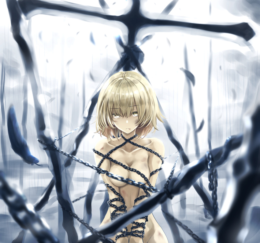 1girl absurdres bangs blonde_hair bound bound_wrists breasts bruise chained chains closed_mouth commentary_request convenient_censoring eyebrows_visible_through_hair fate_(series) fuu_(fuore) hair_between_eyes highres injury jeanne_d'arc_(alter)_(fate) jeanne_d'arc_(fate)_(all) looking_at_viewer medium_breasts nude restrained solo yellow_eyes