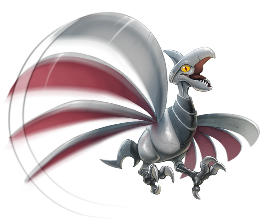 claws commentary full_body horn pokemon pokemon_(creature) pokemon_(game) pokemon_gsc sharp_teeth skarmory solo teeth transparent_background twarda8 yellow_eyes