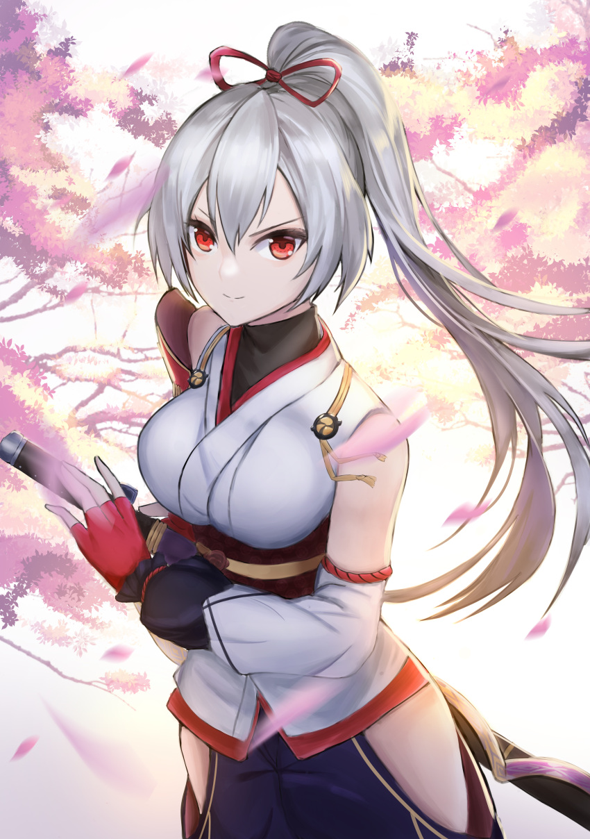 1girl absurdres cherry_blossoms cowboy_shot detached_sleeves fate/grand_order fate_(series) fingerless_gloves floating_hair gloves hair_between_eyes hair_ribbon high_ponytail highres holding holding_sheath japanese_clothes kimono long_hair looking_at_viewer obi red_eyes red_gloves red_ribbon ribbon sash sheath sheathed silver_hair smile solo standing tomoe_gozen_(fate/grand_order) very_long_hair white_kimono