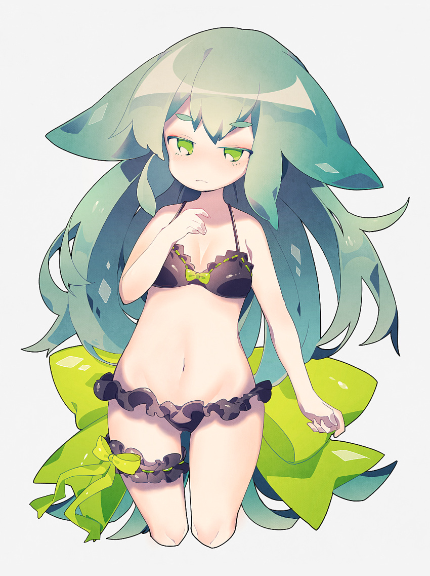 1girl asp@juken bikini black_bikini breasts closed_mouth gatchaman_crowds green_eyes green_hair grey_background highres long_hair navel simple_background solo swimsuit utsutsu very_long_hair