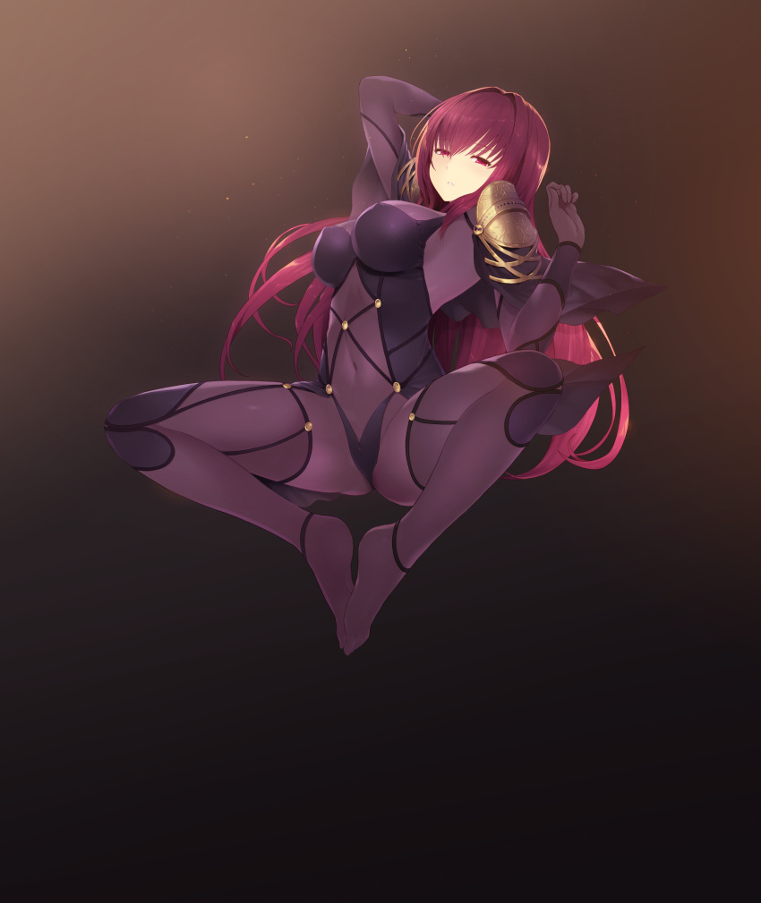 1girl absurdres arm_behind_back arm_up armor bangs bent_elbows bent_knees bodysuit breasts breasts_apart brown_background cait erect_nipples eyebrows_visible_through_hair eyelashes fate/grand_order fate_(series) feet feet_together fingernails full_body gem gradient gradient_background hair_between_eyes hand_behind_head hand_up highres hips holding huge_filesize knee_up large_breasts legs long_fingernails long_hair looking_at_viewer midriff_peek nail_polish navel nipples paid_reward parted_lips patreon_reward pink_nails purple_hair red_eyes redhead ribs scathach_(fate/grand_order) sidelocks solo spread_legs teeth thigh-highs thighs