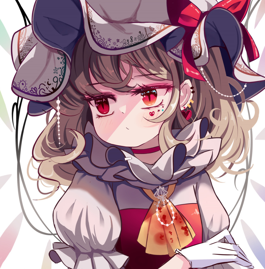 1girl ascot blonde_hair blush bow choker closed_mouth collared_shirt commentary crystal ear_piercing earrings facial_mark flandre_scarlet gloves hand_up hat hat_bow heart heart_earrings highres jewelry looking_away medium_hair mob_cap piercing portrait puffy_short_sleeves puffy_sleeves red_bow red_choker red_eyes red_vest shirt short_sleeves slit_pupils sseopik symbol-only_commentary touhou vest white_gloves white_headwear white_shirt wings yellow_ascot
