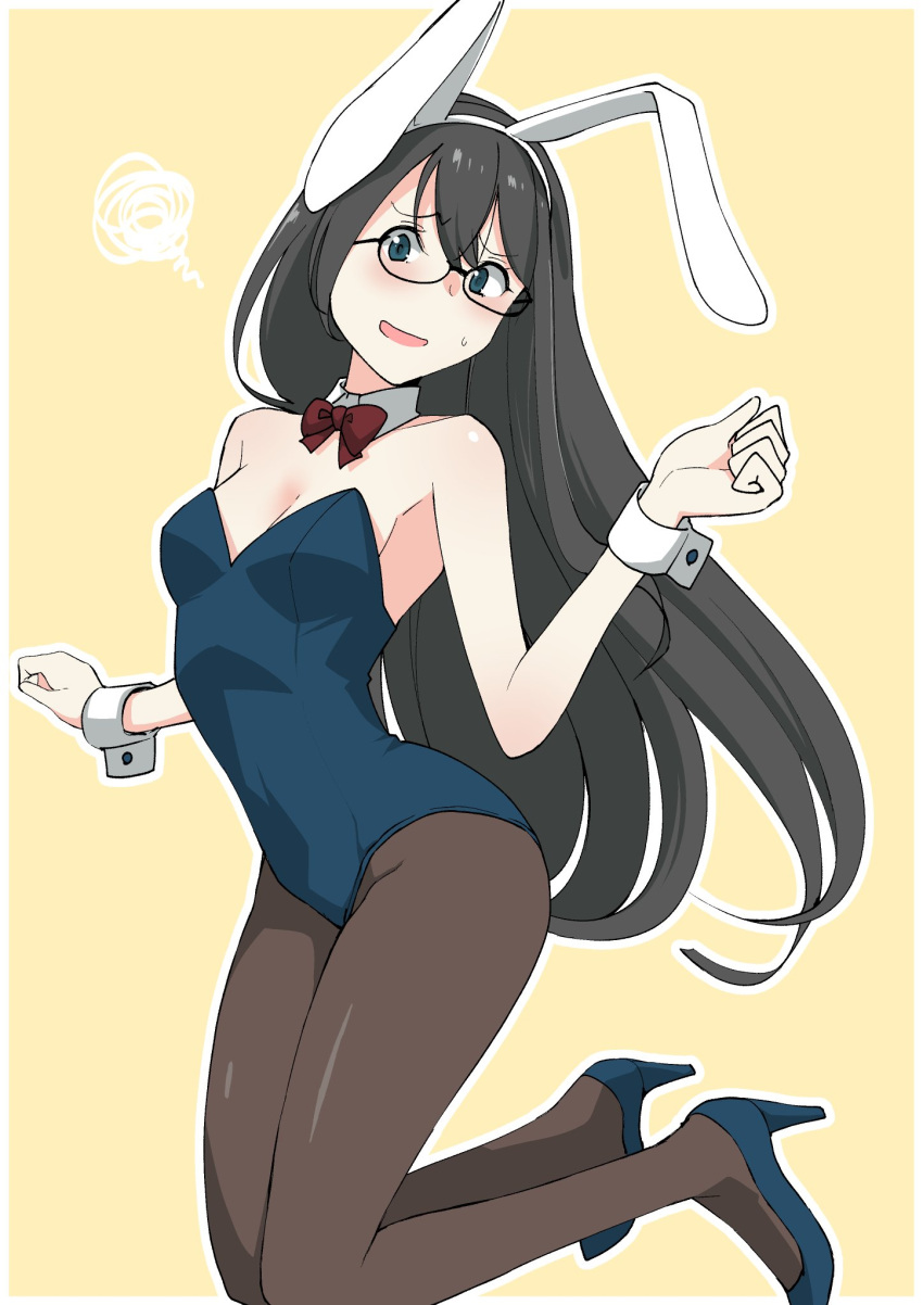 1girl animal_ears black_hair blue_leotard bow bowtie breasts brown_legwear brown_neckwear bunny_tail bunnysuit detached_collar full_body green_eyes highres kantai_collection leotard long_hair looking_at_viewer masukuza_j ooyodo_(kantai_collection) pantyhose rabbit_ears simple_background small_breasts solo squiggle strapless strapless_leotard tail wrist_cuffs yellow_background