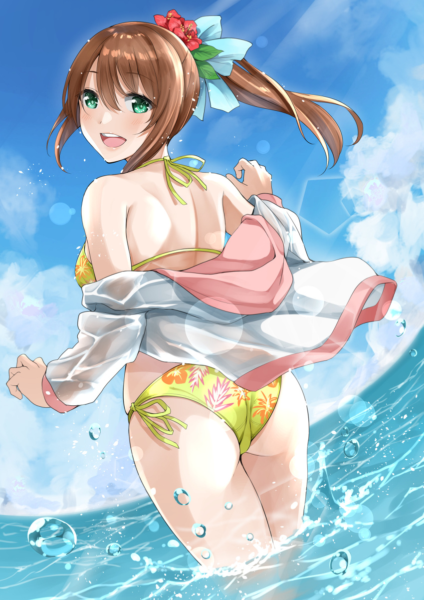 1girl ass bikini blue_sky brown_hair clouds commentary_request floral_print from_behind green_bikini green_eyes highres hood hooded_jacket hoodie jacket lens_flare long_hair moe2018 open_mouth original outdoors ponytail running sakuma_shiiya sky smile solo splashing swimsuit water white_jacket