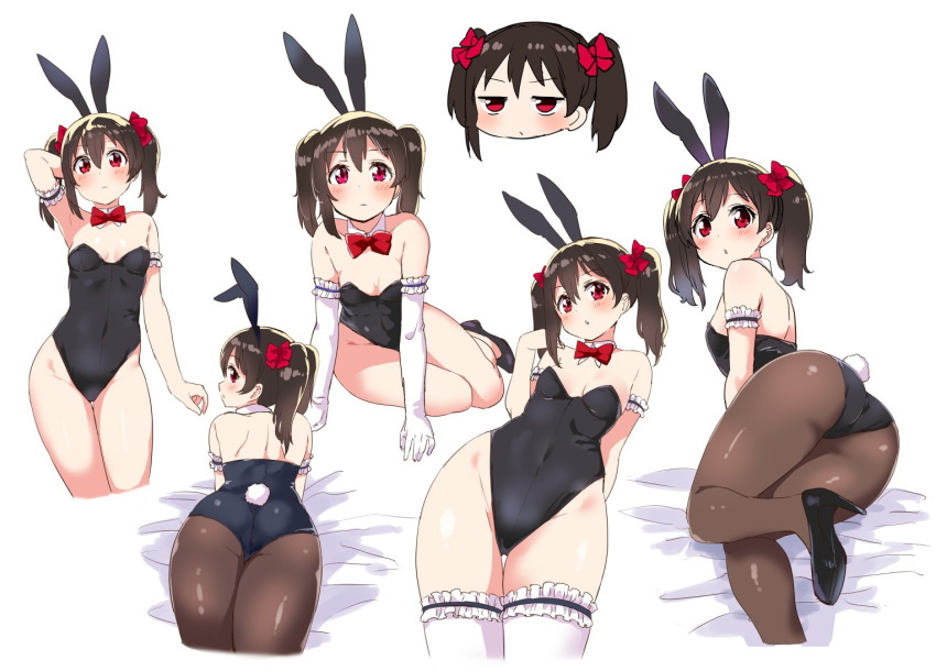 1girl :o animal_ears blush breasts brown_hair bunny_tail bunnysuit cleavage covered_navel detached_collar elbow_gloves gloves hand_behind_head high_heels kurokawa_makoto lace lace-trimmed_thighhighs love_live! pantyhose rabbit_ears red_eyes short_twintails small_breasts solo tail thigh-highs twintails white_background yazawa_nico