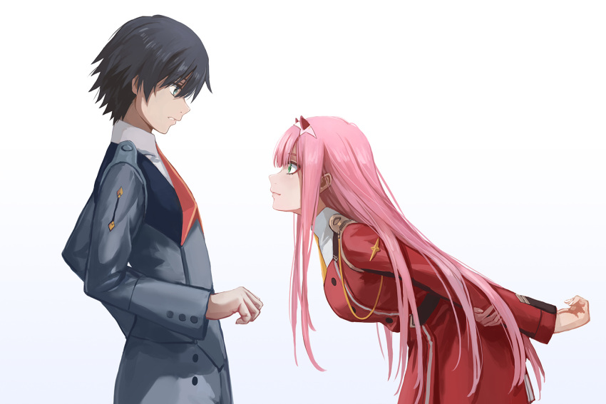 1boy 1girl arms_behind_back bangs black_hair blunt_bangs breasts closed_mouth darling_in_the_franxx dress eye_contact eyebrows_visible_through_hair from_side green_eyes grey_coat hairband hand_on_own_arm hiro_(darling_in_the_franxx) horns leaning_forward long_hair long_sleeves looking_at_another medium_breasts military military_uniform parted_lips pink_hair profile red_dress redpoke shiny shiny_hair smile straight_hair uniform very_long_hair white_hairband zero_two_(darling_in_the_franxx)