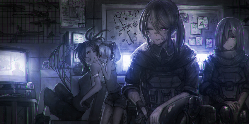 4girls backlighting bandaid bandaid_on_face cat_ear_headphones dark eyepatch glowing gun headphones highres hiragisuke_(doraemonha) indoors injury military monitor multiple_girls original ponytail screen_light shorts side_ponytail sitting tank_top violet_eyes weapon