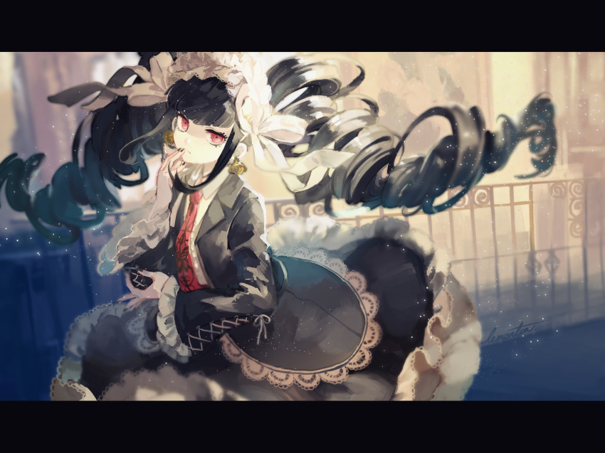 1girl animal_print artist_name backlighting bangs black_hair black_jacket black_nails black_skirt blunt_bangs butterfly_print celestia_ludenberck collared_shirt dangan_ronpa dangan_ronpa_1 drill_hair earrings gothic_lolita hair_ribbon hairband hand_to_own_face highres jacket jewelry lemontea letterboxed light_particles lolita_fashion lolita_hairband long_sleeves looking_at_viewer nail_polish necktie open_clothes open_jacket print_neckwear railing red_eyes red_neckwear ribbon shaded_face shirt signature skirt solo standing twin_drills twintails white_ribbon white_shirt wide_sleeves wing_collar