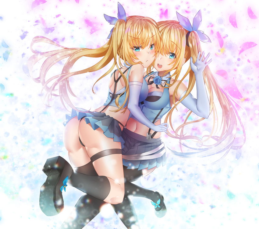 2girls :&lt; :d arm_up armpits ass bangs bare_shoulders black_legwear black_ribbon black_skirt blonde_hair blue_eyes blue_flower blue_gloves blue_ribbon blue_rose blue_shirt blue_skirt blush bow breasts brown_footwear cleavage closed_mouth collarbone collared_shirt commentary_request crop_top dual_persona elbow_gloves eyebrows_visible_through_hair floating_hair flower gloves glowing_petals hair_between_eyes hair_bow hair_tie highres kneehighs leg_up light_particles long_hair looking_at_viewer maze_yuri medium_breasts microskirt midriff miniskirt mirai_akari mirai_akari_project multiple_girls navel neck_ribbon open_mouth outstretched_hand petals pleated_skirt ribbon rose round_teeth shiny shiny_hair shirt shoe_ribbon shoes shoulder_blades side_ponytail sidelocks single_thighhigh skirt smile suspender_skirt suspenders teeth thigh-highs thigh_strap thong v-shaped_eyebrows very_long_hair white_background