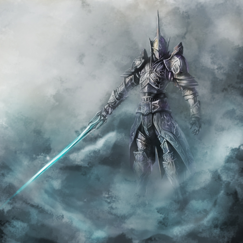 1boy armor demon's_souls fog gauntlets greaves helmet highres holding holding_sword holding_weapon oyu_(mxqxm) pauldrons penetrator solo souls_(from_software) sword weapon