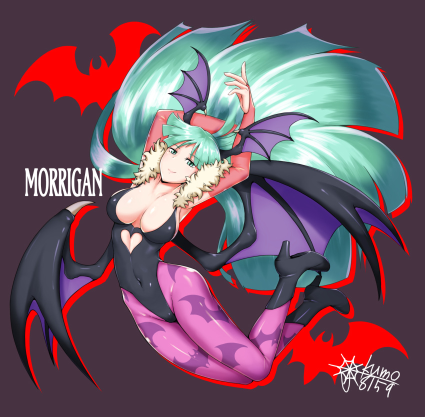 1girl animal_print armpits arms_up bangs bat bat_print black_footwear black_leotard boots breasts character_name cleavage closed_mouth commentary demon_wings full_body fur_trim green_eyes green_hair head_wings high_heel_boots high_heels highleg highleg_leotard highres kumo_(kumo8159) large_breasts leotard long_hair looking_at_viewer low_wings morrigan_aensland pantyhose print_legwear shiny shiny_clothes signature simple_background smile solo vampire_(game) wings