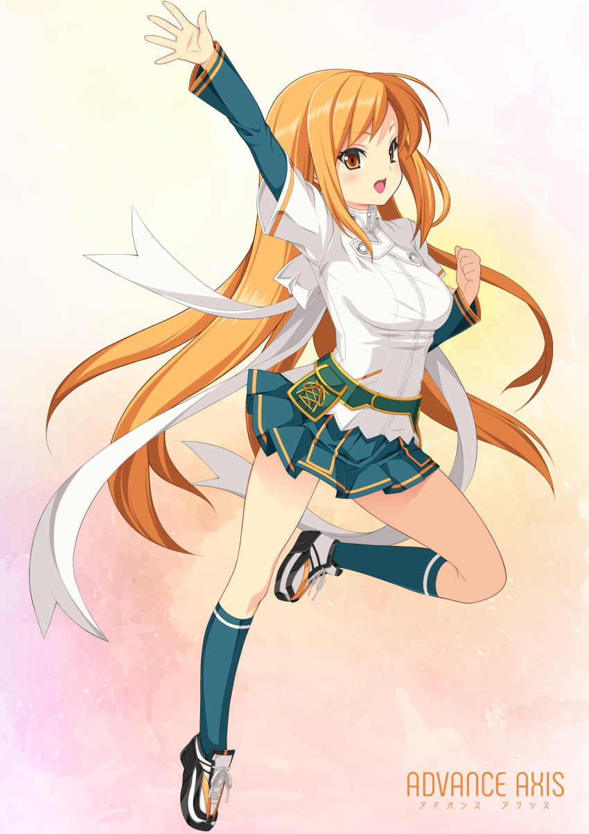 1girl absurdres arm_up armpits bangs beatmania beatmania_iidx blush breasts brown_eyes clenched_hand eyebrows_visible_through_hair fingernails full_body gradient gradient_background green_legwear highres kinoshita_ichi leg_up long_hair long_sleeves medium_breasts open_mouth orange_hair shoes simple_background skirt smile sneakers solo standing umegiri_iroha