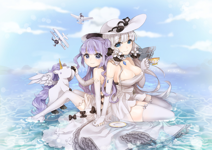 2girls ahoge aircraft airplane alicorn animal azur_lane biplane black_bow black_ribbon blue_eyes blue_sky bow breasts cleavage closed_mouth clouds commentary_request cup day detached_collar detached_sleeves dress elbow_gloves gloves hair_bun hat highres holding holding_cup illustrious_(azur_lane) large_breasts long_hair long_sleeves looking_at_viewer looking_to_the_side low_twintails marchen_noir multiple_girls one_side_up outdoors purple_hair ribbon saucer shallow_water shoes side_bun silver_hair sitting sky smile swordfish_(airplane) tea teacup thigh-highs twintails unicorn_(azur_lane) very_long_hair violet_eyes water white_dress white_footwear white_gloves white_hat white_legwear