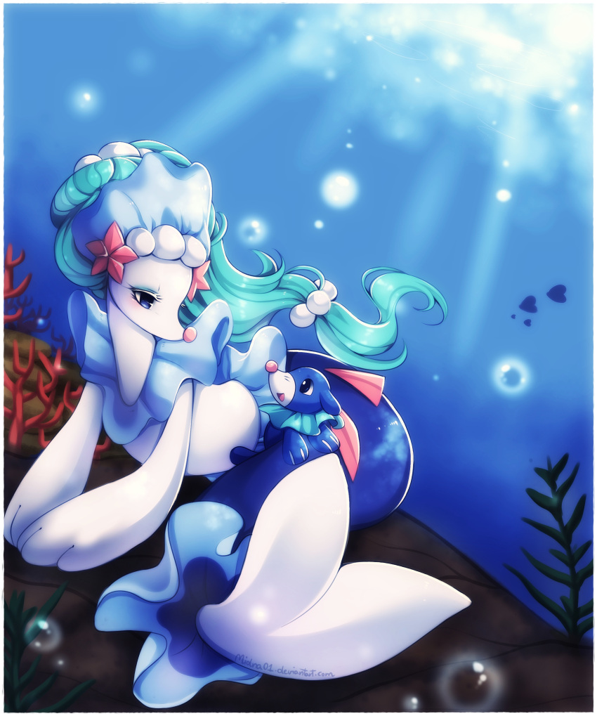 absurdres blue_eyes bubble commentary creature eye_contact eyelashes green_hair hair_ornament highres long_hair looking_at_another looking_back looking_down looking_up luvdisc midna01 no_humans pokemon pokemon_(creature) pokemon_(game) pokemon_rse pokemon_sm popplio primarina seal sitting tied_hair underwater very_long_hair watermark web_address white_border
