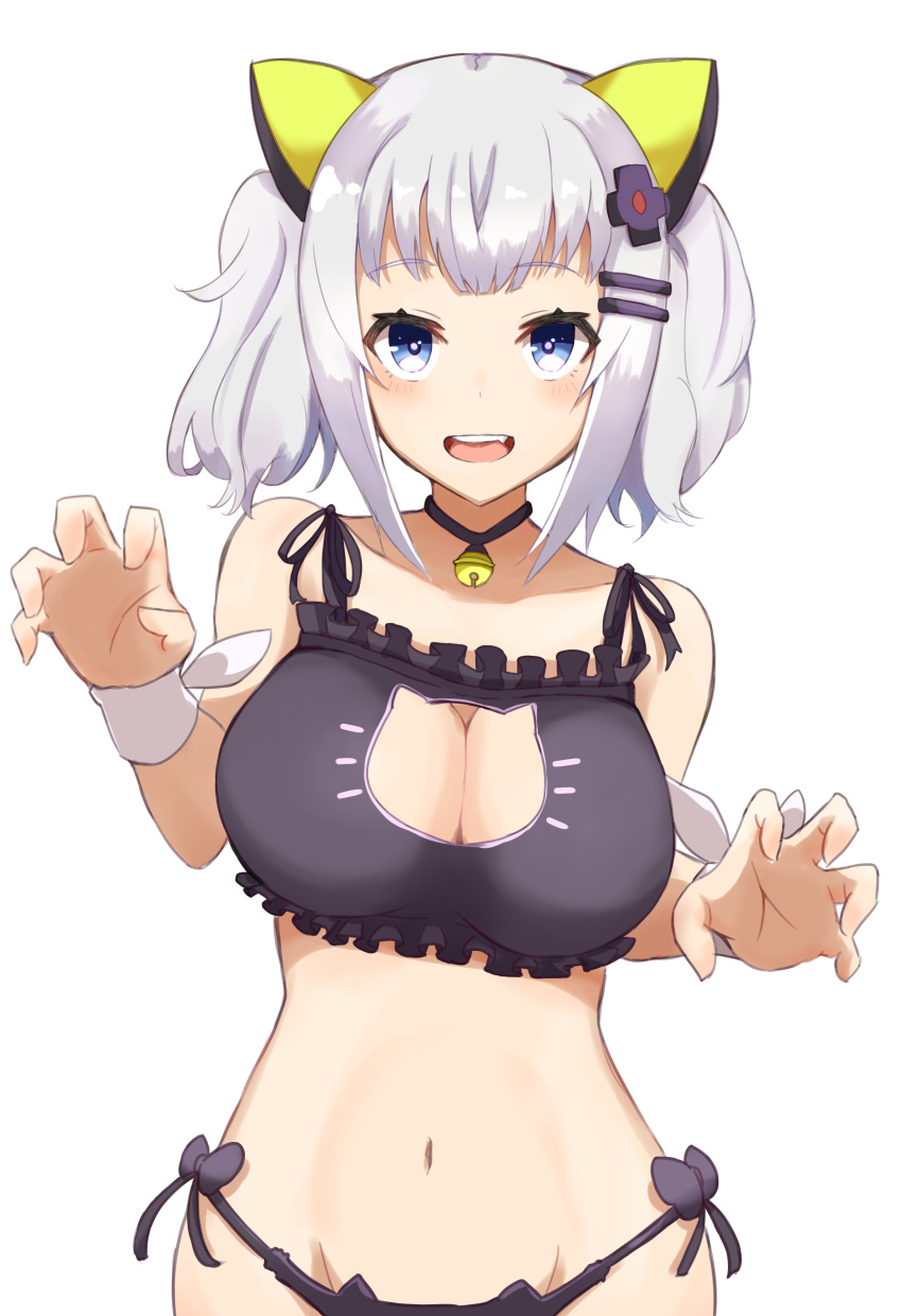 1girl :d absurdres animal_ears bell bikini blue_eyes blush bow breasts cat_ears cat_lingerie cleavage cleavage_cutout fake_animal_ears fang half-closed_eyes highres jingle_bell kaguya_luna kaguya_luna_(character) looking_at_viewer meme_attire minami_osu navel open_mouth paw_pose side-tie_bikini smile solo sweater swimsuit teeth twintails virtual_youtuber