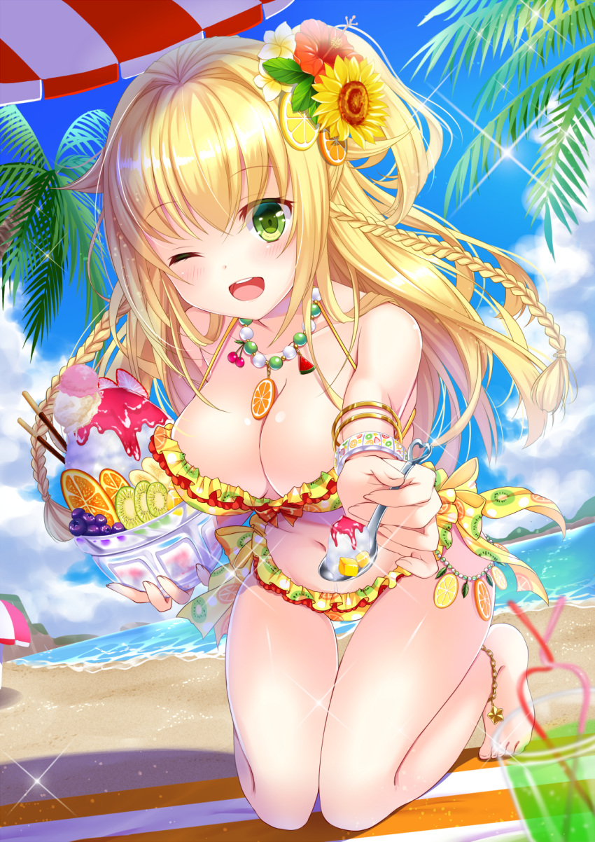 1girl bangs bare_shoulders barefoot beach beach_towel beach_umbrella bikini blonde_hair blue_sky bracelet braid breasts cleavage clouds collarbone commentary cup day drinking_glass drinking_straw eyebrows_visible_through_hair fingernails flower food frilled_bikini frills fruit green_eyes hair_flower hair_ornament hibiscus highres holding ice_cream jewelry kneeling koyama_sao large_breasts lemon lemon_slice long_hair looking_at_viewer moe2018 navel necklace ocean one_eye_closed open_mouth orange orange_slice original outdoors palm_tree sand shiny shiny_skin side_ponytail sky solo sparkle spoon strawberry striped sunflower swimsuit towel tree umbrella water