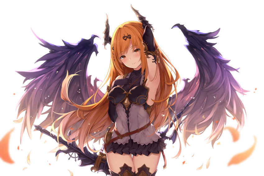 1girl armpits bangs bare_shoulders black_gloves black_wings blonde_hair blurry blush breasts closed_mouth dark_angel_olivia depth_of_field dress elbow_gloves eyebrows_visible_through_hair gloves granblue_fantasy hair_ornament highres horns looking_at_viewer red_eyes shaded_face sidelocks simple_background sleeveless smile solo suzuame_yatsumi thigh-highs upper_body white_background wings zettai_ryouiki