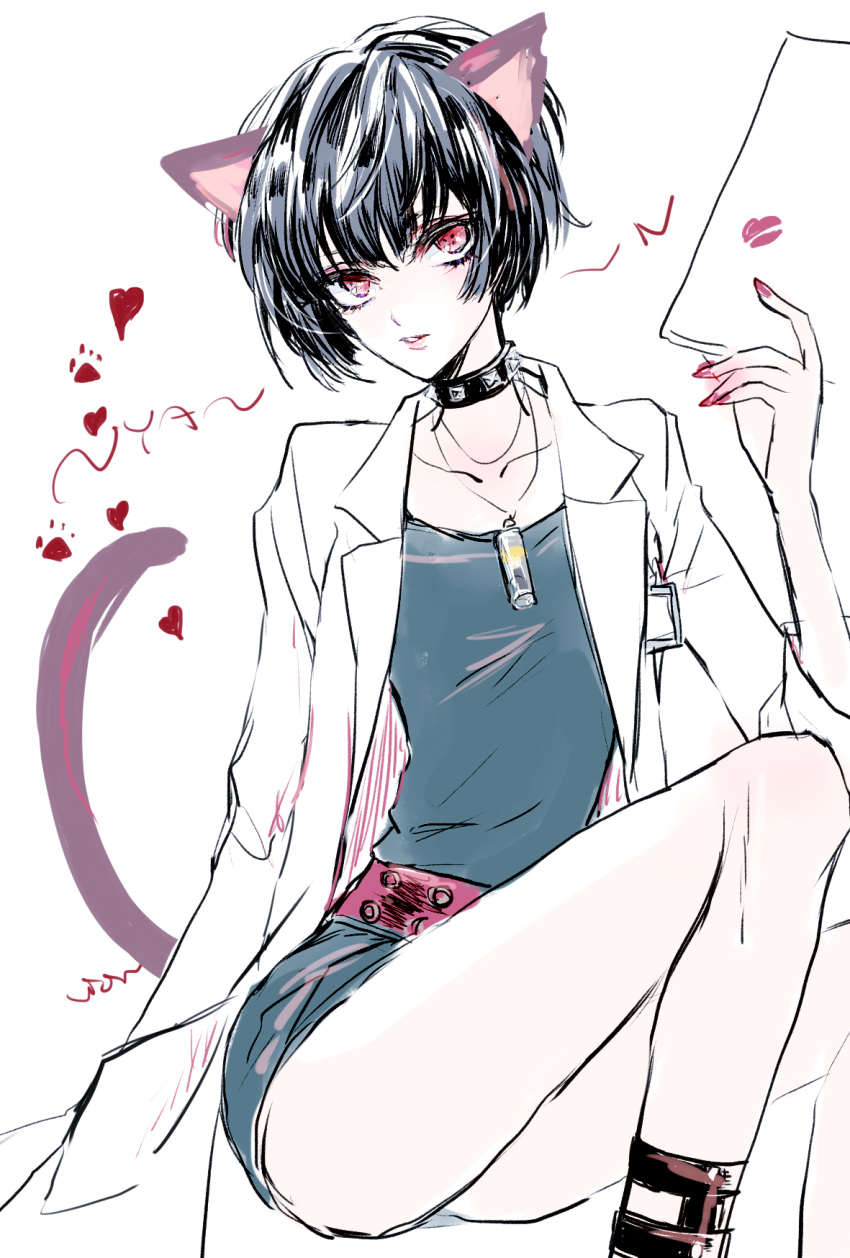 1girl animal_ears belt black_hair cat_ears cat_tail choker collarbone heart highres ilohasvio jewelry labcoat lipstick_mark looking_at_viewer nail_polish necklace persona persona_5 red_eyes short_hair simple_background sketch solo tail takemi_tae