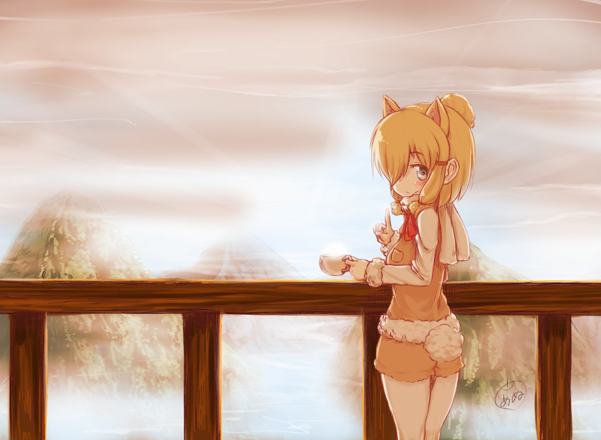 1girl alpaca_ears alpaca_suri_(kemono_friends) alpaca_tail blonde_hair blush breast_pocket cup eyebrows_visible_through_hair fog fur_trim hair_over_one_eye highres kemono_friends long_sleeves looking_at_viewer looking_back mountain neck_ribbon pantyhose pantyhose_under_shorts pocket pointing pointing_up ribbon ringoanu short_hair shorts smile solo sweater teacup vest