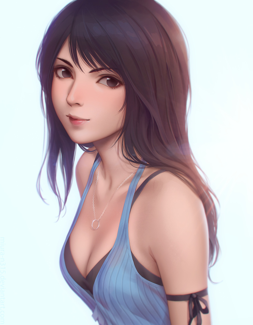 1girl arm_ribbon bare_shoulders black_bra black_ribbon blush bra brown_eyes brown_hair cleavage closed_mouth collarbone eyebrows final_fantasy final_fantasy_viii halter_top halterneck highres jewelry lips long_hair medium_breasts miura-n315 necklace no_pupils pendant portrait ribbon ring_necklace rinoa_heartilly sleeveless smile solo underwear upper_body