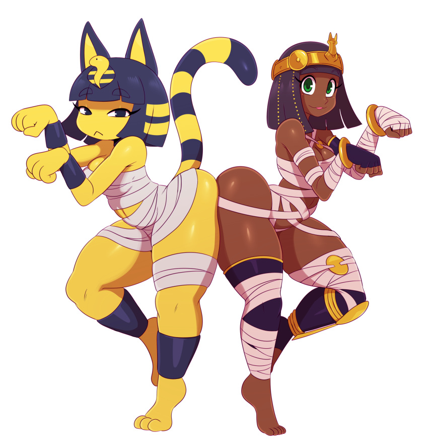 2girls :&lt; :3 absurdres alternate_costume animal_ears ass-to-ass bandage bracelet bracer breasts cat_ears cat_tail cleavage crossover dark_skin doubutsu_no_mori egyptian_clothes eric_lowery fingerless_gloves furry gloves highres jewelry looking_at_viewer menat multiple_girls nile_(doubutsu_no_mori) paw_pose pose purple_hair simple_background street_fighter street_fighter_v tail tiara toes yellow_skin