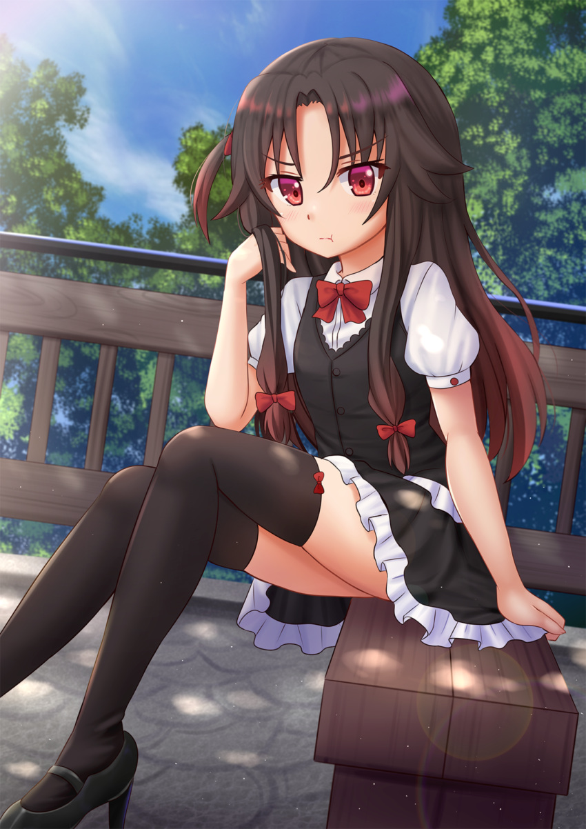 1girl :t bench black_footwear black_legwear blue_sky bow bow_legwear bowtie brown_hair clouds commentary day frilled_skirt frills gradient_hair hair_bow high_heels highres kazenokaze lens_flare long_hair looking_at_viewer multicolored_hair one_side_up outdoors pout puffy_short_sleeves puffy_sleeves red_bow red_eyes red_neckwear redhead ryuuou_no_oshigoto! shoes short_sleeves sitting skirt sky solo thigh-highs tree yashajin_ai