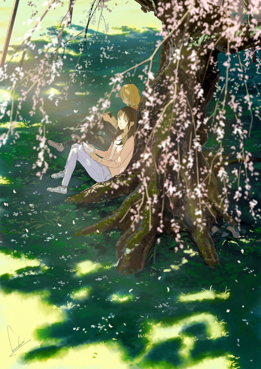 2girls blonde_hair blurry blurry_foreground brown_hair cardigan cherry_blossoms commentary_request day depth_of_field grey_pants highres looking_at_viewer loundraw multiple_girls original outdoors pants shade shoes sitting tree tree_shade under_tree