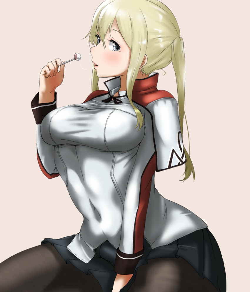 1girl black_gloves black_legwear blonde_hair blue_eyes blush breasts candy capelet caramel chupa_chups closed_mouth cropped_torso crossed_arms food gloves graf_zeppelin_(kantai_collection) hair_between_eyes highres impossible_clothes kantai_collection large_breasts lollipop long_hair long_sleeves looking_at_viewer military military_uniform necktie no_hat no_headwear pantyhose quad_tails red_neckwear simple_background solo tama_(seiga46239239) twintails uniform