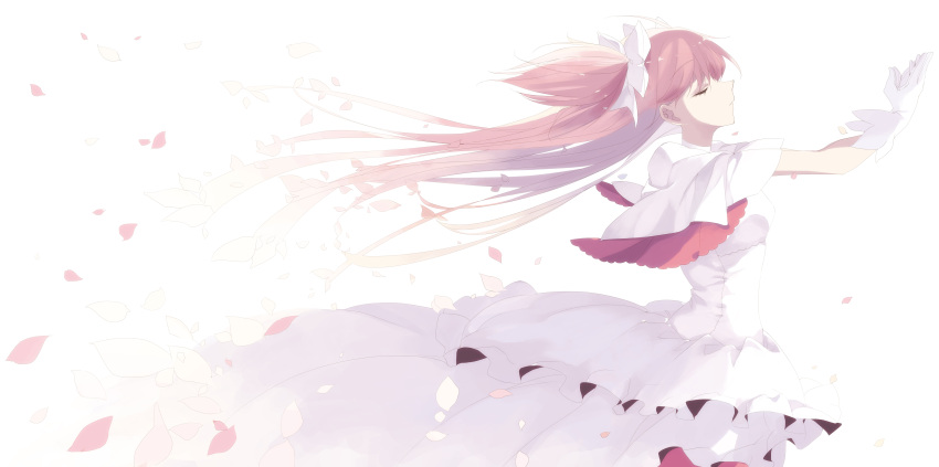 absurdres bangs closed_eyes closed_mouth dress from_side goddess_madoka hair_ribbon highres kaname_madoka long_hair mahou_shoujo_madoka_magica misteor outstretched_arms redhead ribbon short_sleeves white_background white_dress white_ribbon