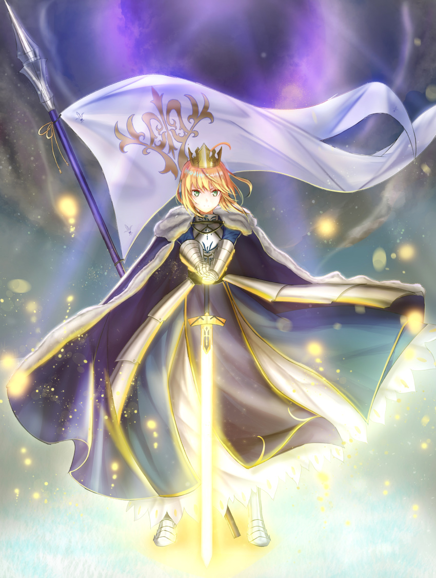 1girl absurdres ahoge armor armored_boots armored_dress artoria_pendragon_(all) banner blonde_hair blue_dress boots crown dress excalibur fate/stay_night fate_(series) floating_hair full_body green_eyes hands_on_hips highres long_hair looking_at_viewer saber smile solo standing