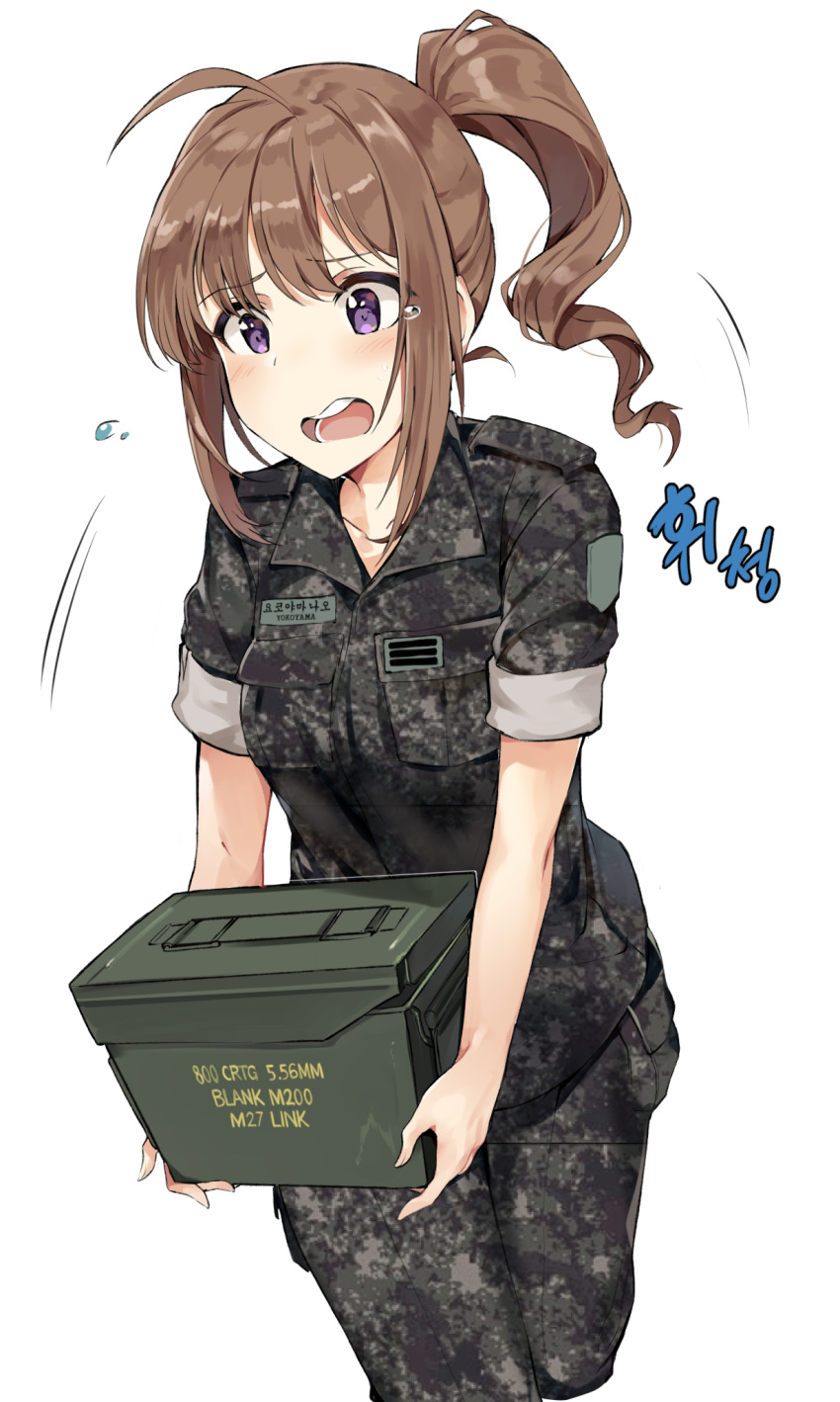 1girl ahoge ammo_box bangs blush breasts brown_hair collared_shirt commentary commission cowboy_shot eyebrows_visible_through_hair flying_teardrops highres holding idolmaster idolmaster_million_live! medium_breasts military military_uniform name_tag open_mouth pants ponytail shirt simple_background solo standing tears tuxedo_de_cat uniform violet_eyes white_background yokoyama_nao