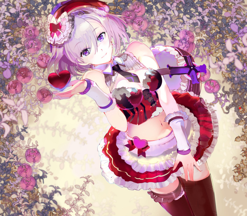 119 1girl black_legwear black_neckwear bow breasts choker cleavage cowboy_shot crop_top eyebrows_visible_through_hair fate/grand_order fate_(series) floating_hair flower frilled_skirt frills hair_between_eyes hair_bow hat heart highres looking_at_viewer mash_kyrielight medium_breasts midriff miniskirt navel necktie pink_hair purple_flower red_bow red_flower red_hat red_skirt short_necktie skirt smile solo standing stomach thigh-highs violet_eyes white_bow zettai_ryouiki