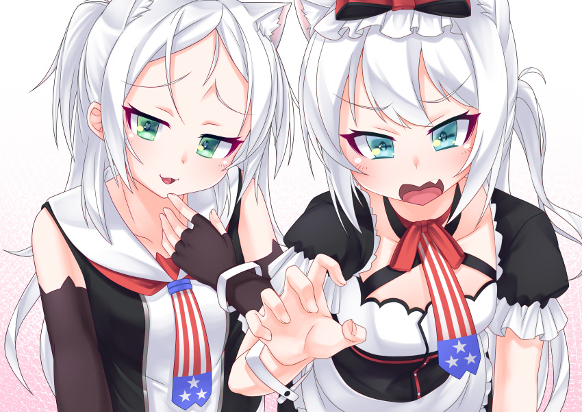 2girls :d absurdres american_flag american_flag_print animal_ears azur_lane bangs black_dress black_gloves blue_eyes bow cat_ears collarbone dress elbow_gloves eyebrows_visible_through_hair fang fingerless_gloves fingernails flag_print gloves gradient gradient_background green_eyes hair_bow hammann_(azur_lane) hand_to_own_mouth heart heart-shaped_pupils highres kirisame_mia long_hair looking_at_viewer multiple_girls open_mouth pink_background print_neckwear puffy_short_sleeves puffy_sleeves red_bow short_sleeves silver_hair sims_(azur_lane) sleeveless sleeveless_dress smile symbol-shaped_pupils very_long_hair white_background wrist_cuffs