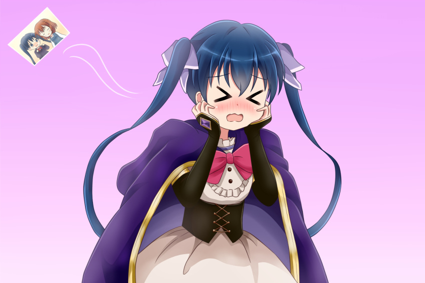 &gt;_&lt; 1girl ^_^ bangs blue_cardigan blue_eyes blue_hair blue_vest blush bow brown_hair cape cardigan closed_eyes commentary_request corset eyebrows_visible_through_hair gradient gradient_background hair_between_eyes hair_bow hands_on_own_cheeks hands_on_own_face inokuma_youko kin-iro_mosaic kirara_fantasia komichi_aya koyuki_(azumaya999) long_hair long_sleeves nose_blush open_mouth pink_bow purple_background purple_bow purple_cape school_uniform shirt skirt sleeves_past_wrists solo twintails very_long_hair vest wavy_mouth white_shirt white_skirt