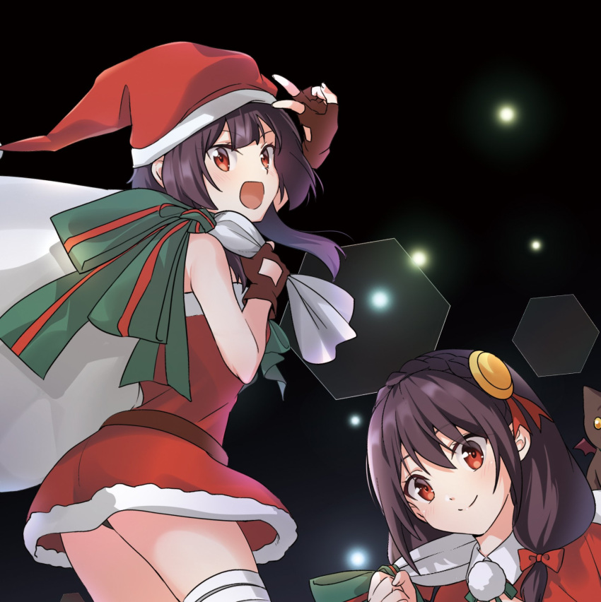 2girls black_hair box braid breasts christmas dress fur_trim gloves hat highres kono_subarashii_sekai_ni_shukufuku_wo! large_breasts long_hair looking_at_viewer megumin misu_kasumi multiple_girls open_mouth red_dress red_eyes red_gloves sack santa_costume santa_hat smile yunyun_(konosuba)