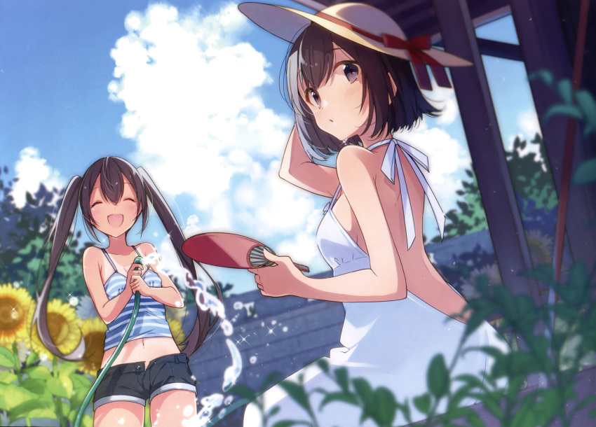2girls absurdres arm_up backless_outfit black_eyes black_hair black_shorts blue_sky breasts cleavage closed_eyes clouds day dress fan flower hat hat_ribbon highres holding holding_fan long_hair looking_at_viewer looking_back medium_breasts midriff multiple_girls navel open-back_dress open_clothes open_mouth open_shorts original outdoors red_ribbon ribbon shirt short_hair short_shorts shorts sideboob sky sleeveless sleeveless_dress small_breasts smile stomach striped striped_shirt sun_hat sundress sunflower tan tank_top tanline twintails u35 water white_dress white_hat yellow_flower