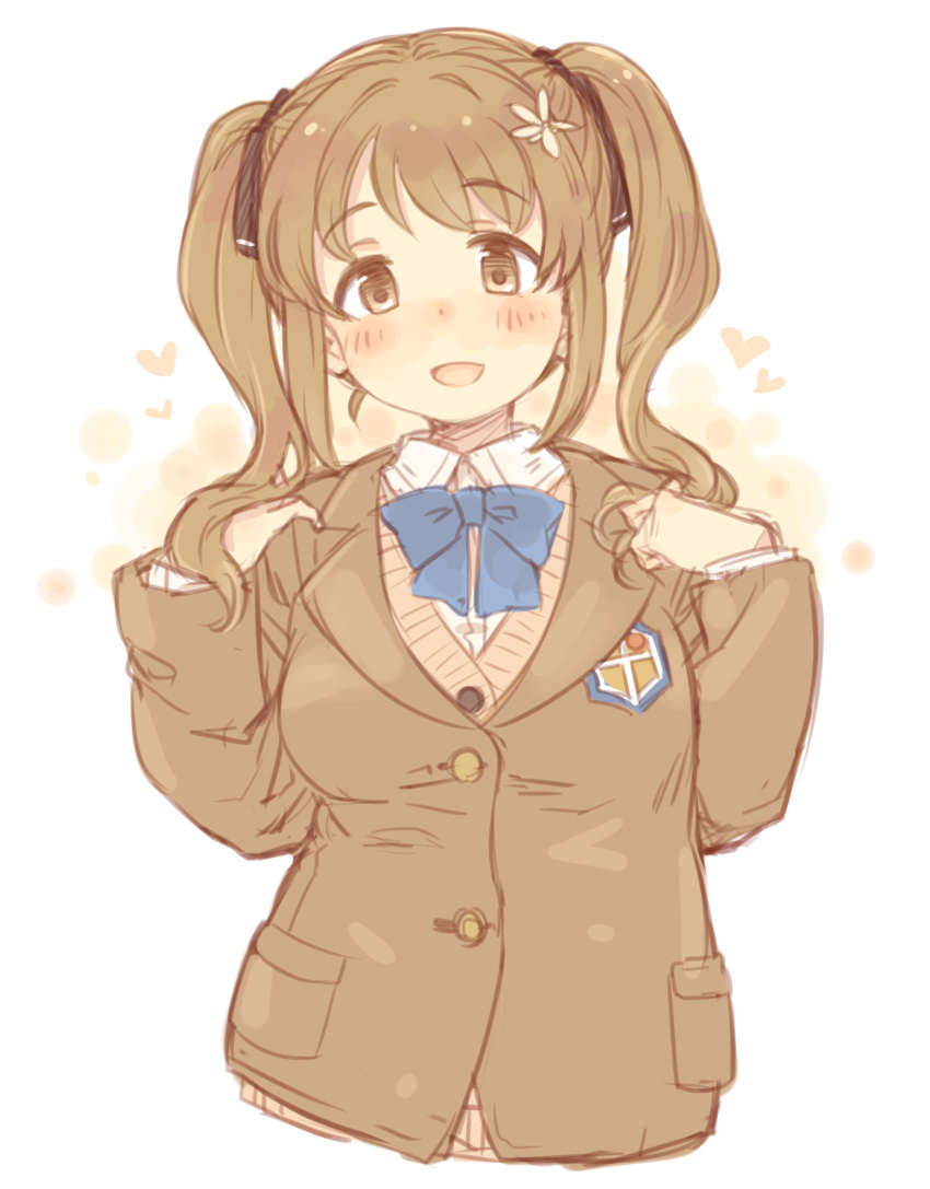 1girl 7010 :d blue_neckwear blush bow bowtie brown_eyes brown_hair cardigan commentary_request cropped_torso eyebrows_visible_through_hair flower hair_flower hair_ornament heart highres idolmaster idolmaster_cinderella_girls looking_at_viewer mimura_kanako open_mouth smile solo twintails upper_body