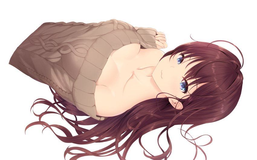 1girl :3 absurdres ahoge bare_shoulders blue_eyes breasts brown_hair cait collarbone highres ichinose_shiki idolmaster idolmaster_cinderella_girls large_breasts long_hair looking_at_viewer lying off_shoulder on_back paid_reward patreon_reward ribbed_sweater solo sweater transparent_background