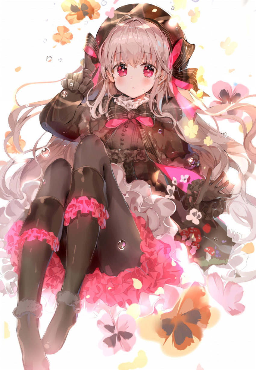 1girl b_rock bangs beret black_footwear black_gloves black_legwear blush boots bow commentary droplet fate/extra fate_(series) flower frilled_boots frilled_sleeves frills gloves grey_hair hand_on_headwear hat hat_bow highres kneeboots long_hair long_sleeves looking_at_viewer nursery_rhyme_(fate/extra) pantyhose petticoat pink_eyes ribbon solo striped striped_ribbon