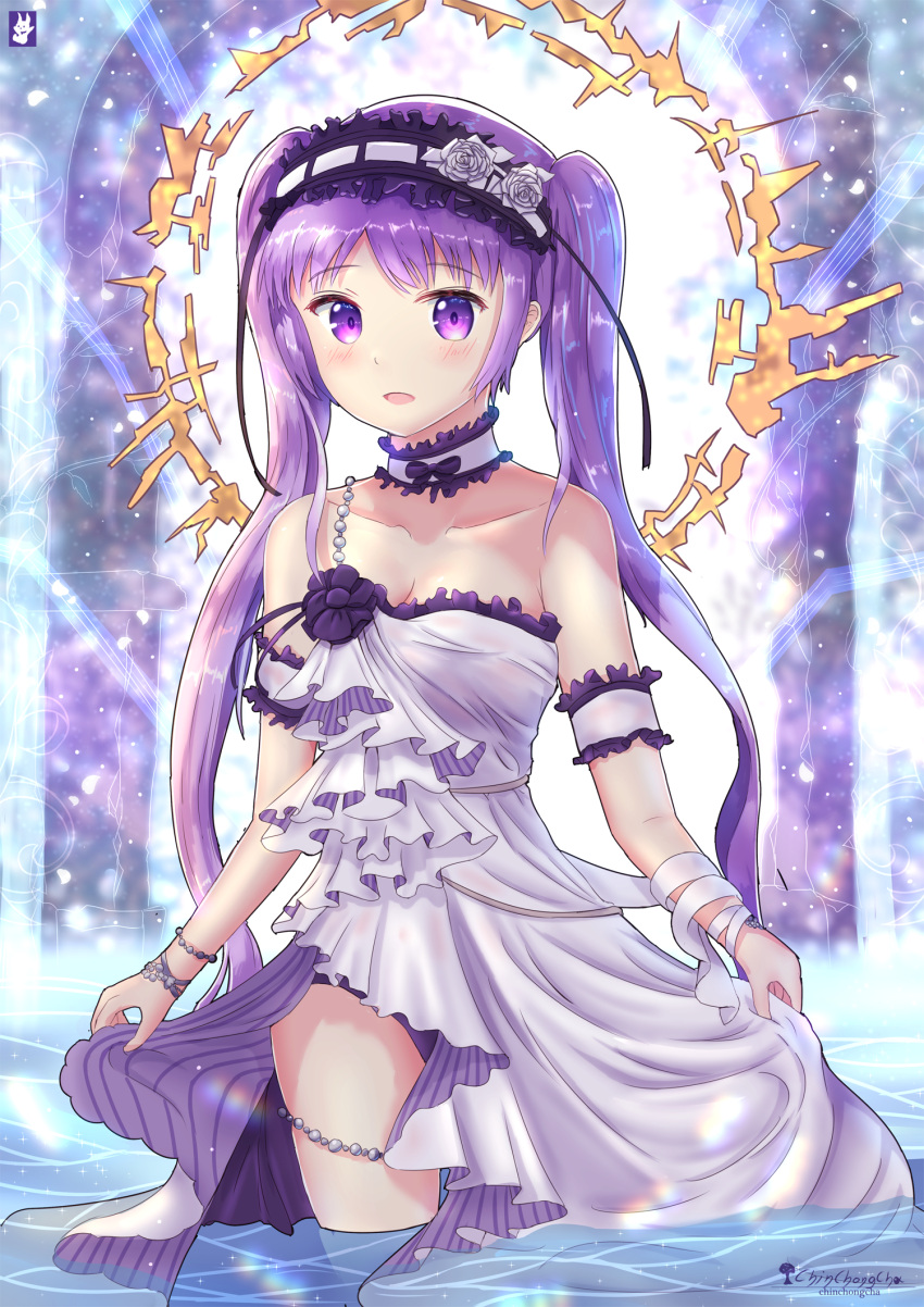 arm_garter bare_shoulders chinchongcha choker collarbone euryale fate/grand_order fate_(series) frills headdress highres long_hair looking_at_viewer off_shoulder open_mouth panties partially_submerged purple_hair standing twintails underwear violet_eyes water