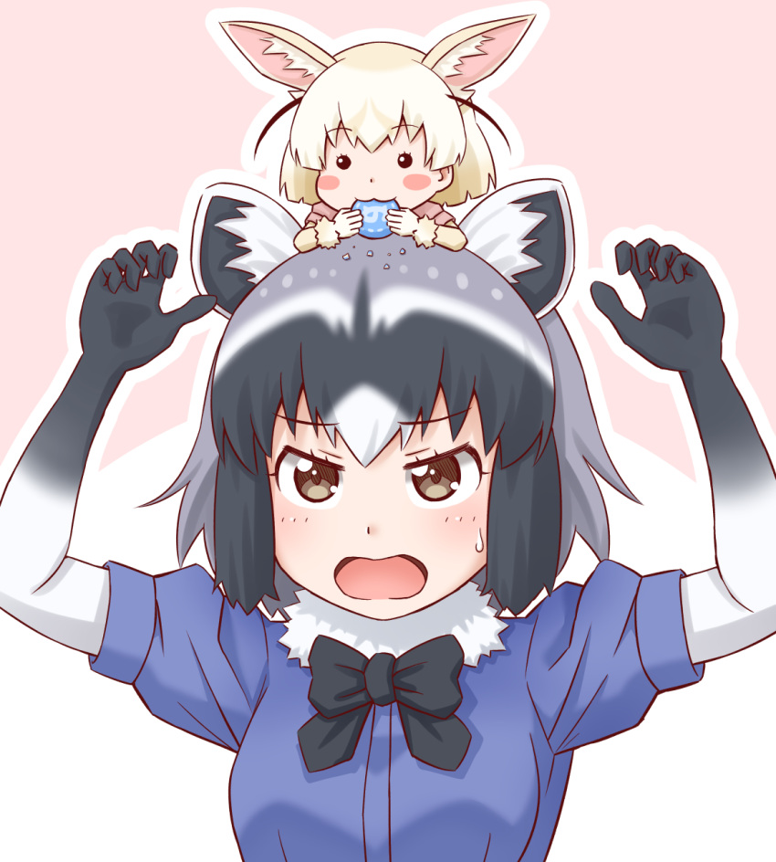 2girls :3 :o animal_ears arms_up black_neckwear blonde_hair blush_stickers bow bowtie brown_eyes chibi chibi_on_head commentary_request common_raccoon_(kemono_friends) crumbs eating fennec_(kemono_friends) food fox_ears fur_collar grey_hair highres japari_bun kemono_friends multicolored_hair multiple_girls outline raccoon_ears short_hair short_sleeves simple_background takatsuki_nao upper_body white_hair white_outline